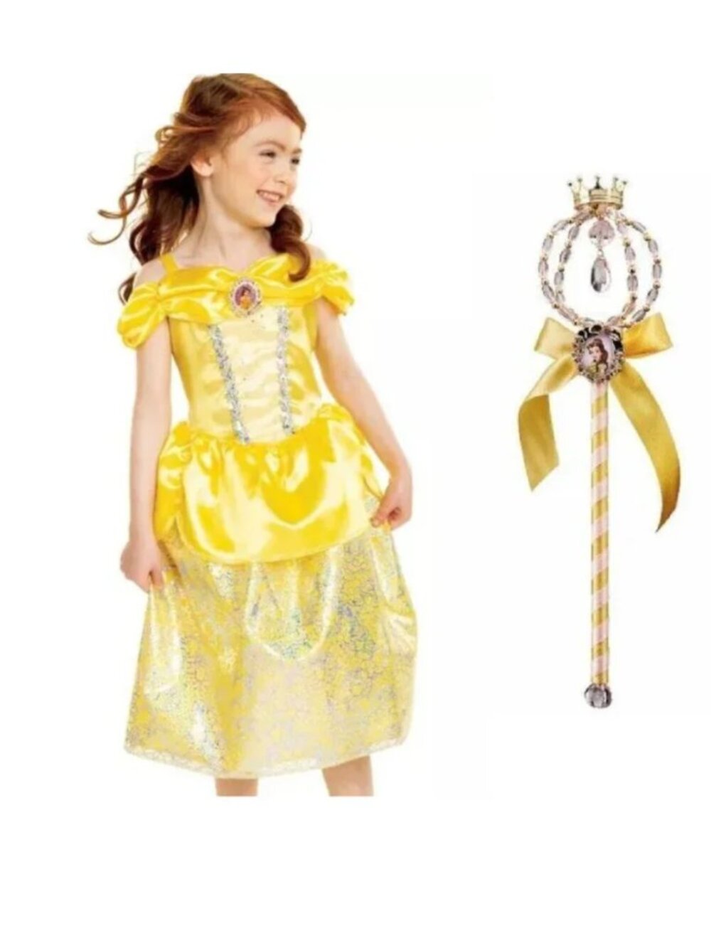 Princess Belle & Wand Halloween Costume 4/6 Yellow Gown Dress 2 Pc Girls Disney